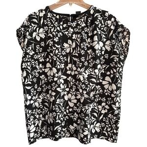 Liz Claiborne Career Black White Floral Print Cap Sleeve Blouse Top Women Size L